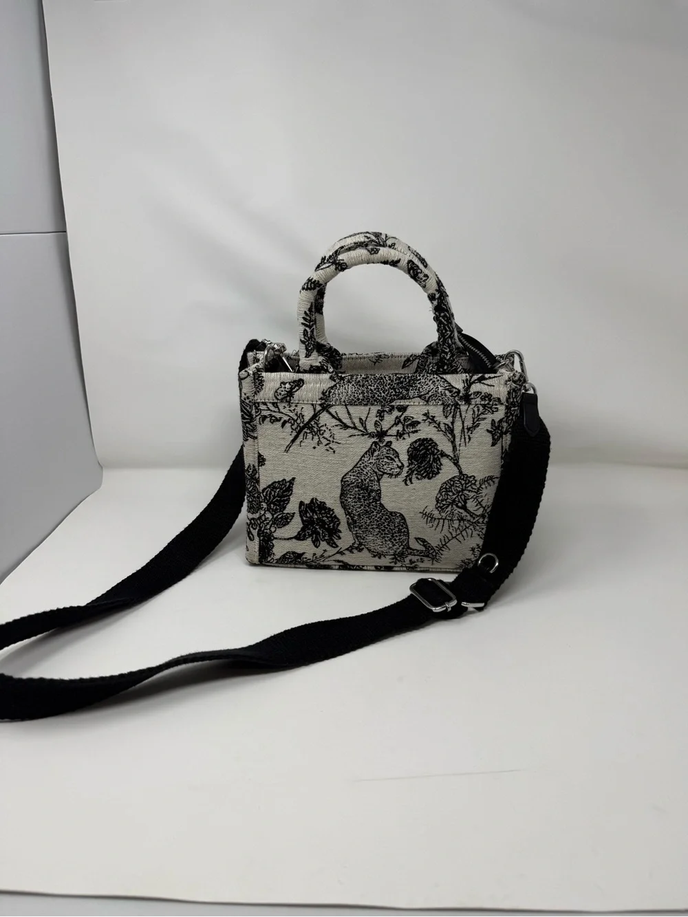 Black & Cream Printed Mini Tote Crossbody Bag with Detachable Strap